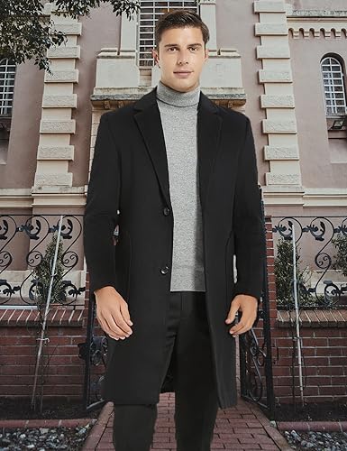 iCKER Mens Trench Coat Winter Wool Blend Jacket Overcoat Long Top Coat Warm  Pea Coat-1904-Black-S