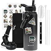 WixByti 40 oz Insulated Water Bottle with Straw (Cold for 48 Hrs), Stainless Steel Triple Wall Vacuum Sports Water Jug, Leakproof Hydro Cup Flask with Paracord Handle & Straw Spout Lids & DIY Stickers