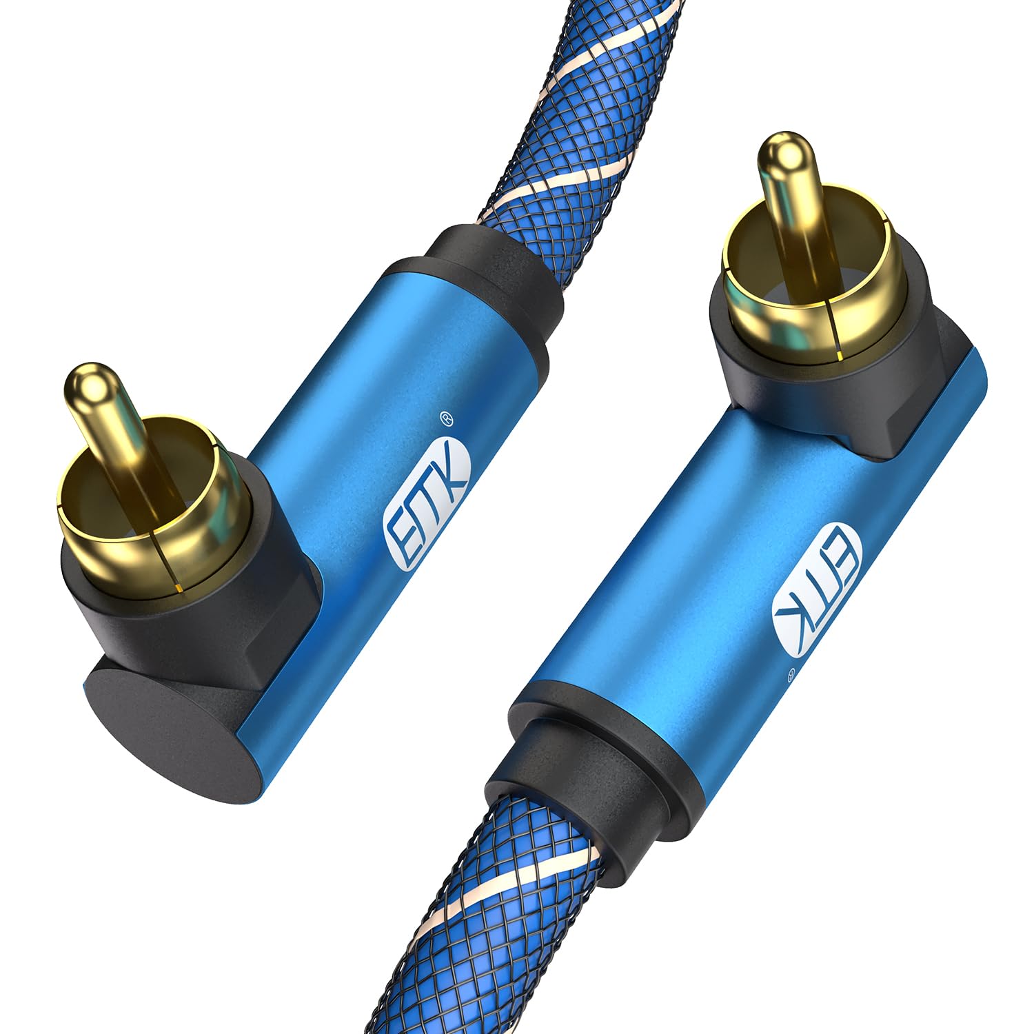 EMK 90 Degree Subwoofer Cable Right Angle RCA to RCA Audio Cable 24K Gold-Plated Digital Coaxial RCA Cord for Home Theater, HDTV, DVD Player, Subwoofer, Hi-Fi Systems(Dual 90 Degree Blue, 5Ft/1.5M)