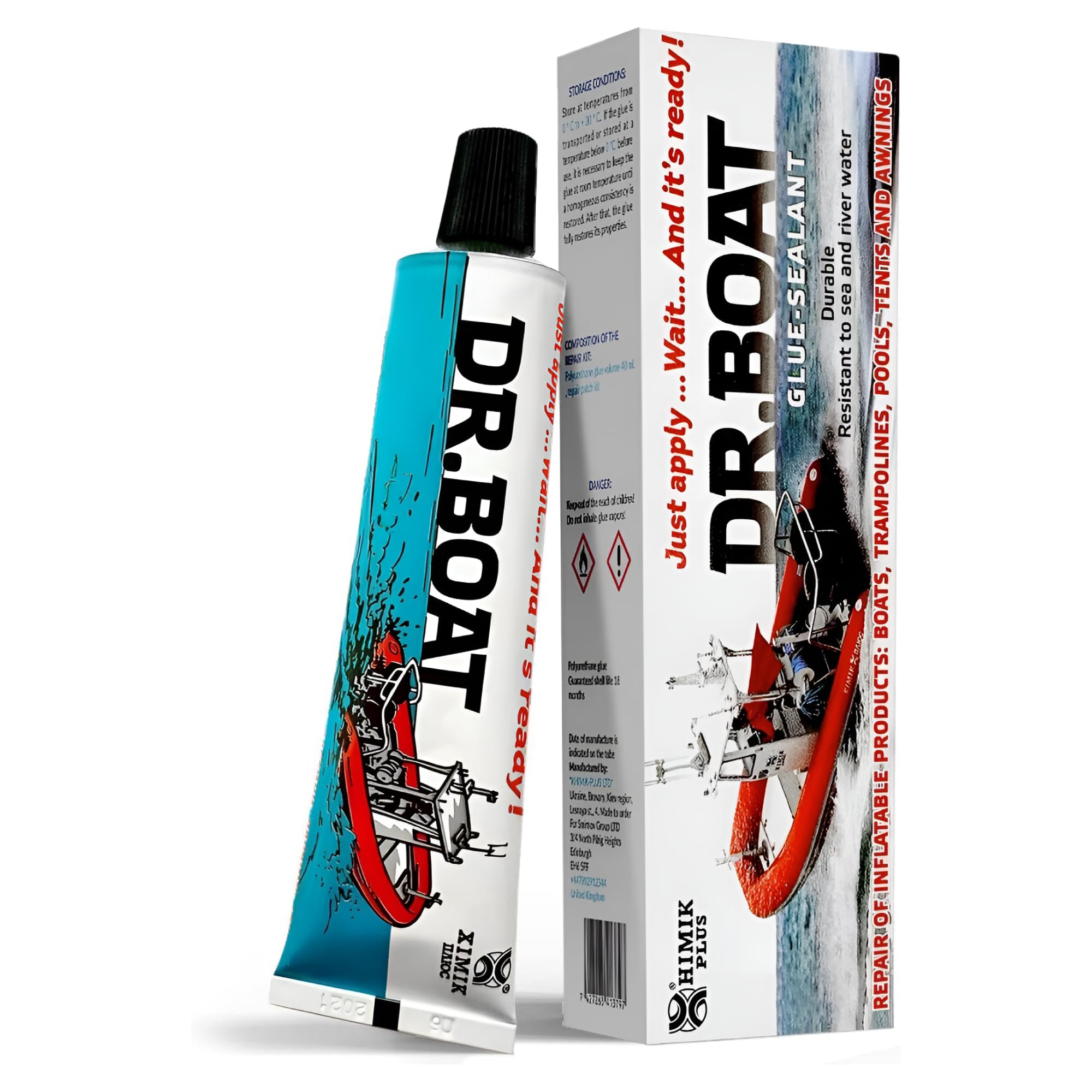 Dr Boat Heavy Duty Repair Kit for Boat Kayak, Canoe, Tent, Inflatables, Swimming Pool, Hot Tub - LIQUID PATCH Resistant to Fresh and Salt Water UV-Resistant Long-lasting - 40ML