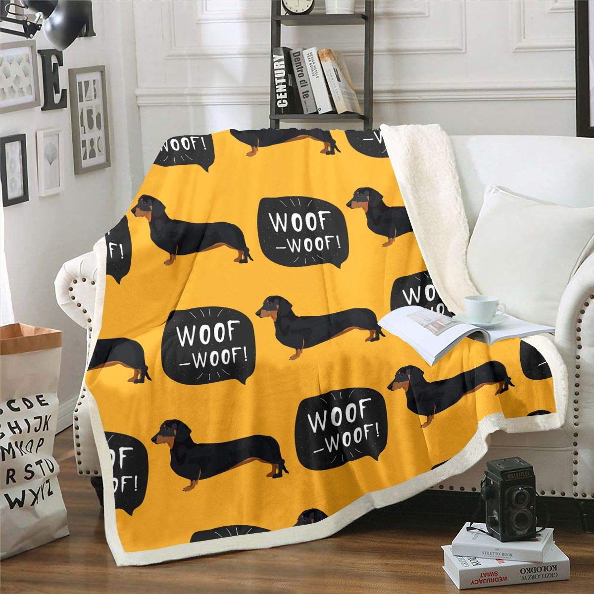 Dachshund Sausage Flannel Fleece Throw Blanket Catoon Puppy Black Dog Sherpa Fuzzy Blanket for Kids Boys Girls Lightweight Cozy Plush Blankets and Throws for Bed Sofa Yellow Single 50x60 Inch — image 1