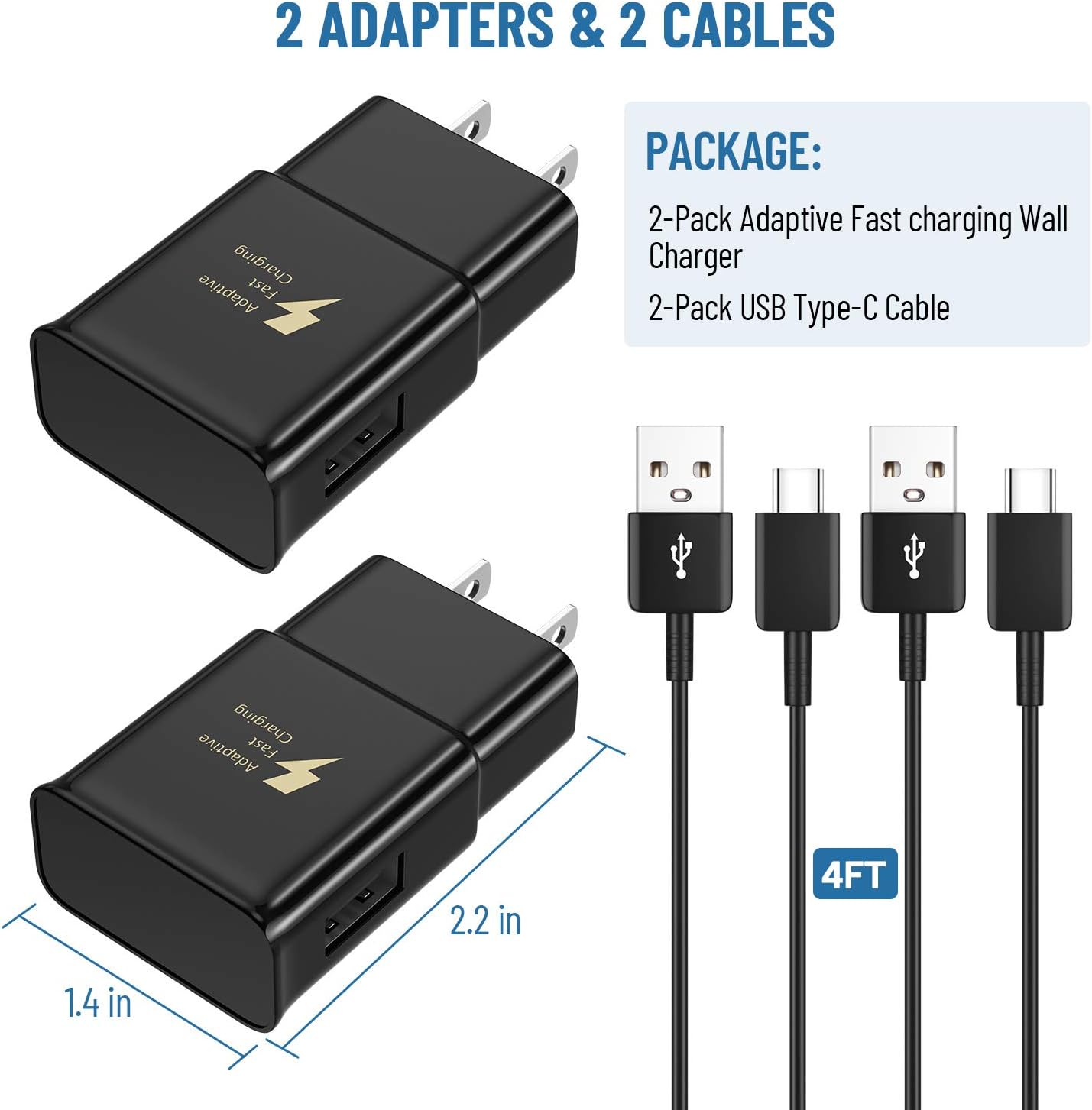 Adaptive Fast Charger with USB Type C Cable Compatible Samsung Galaxy S21/S21 Ultra/S20/S20 Ultra/S10/S10e/S10 Plus/S9/S9 Plus/S8/S8 Plus/Note 8/Note 9/Note 10/Note 20/S20 Plus (2 Pack)