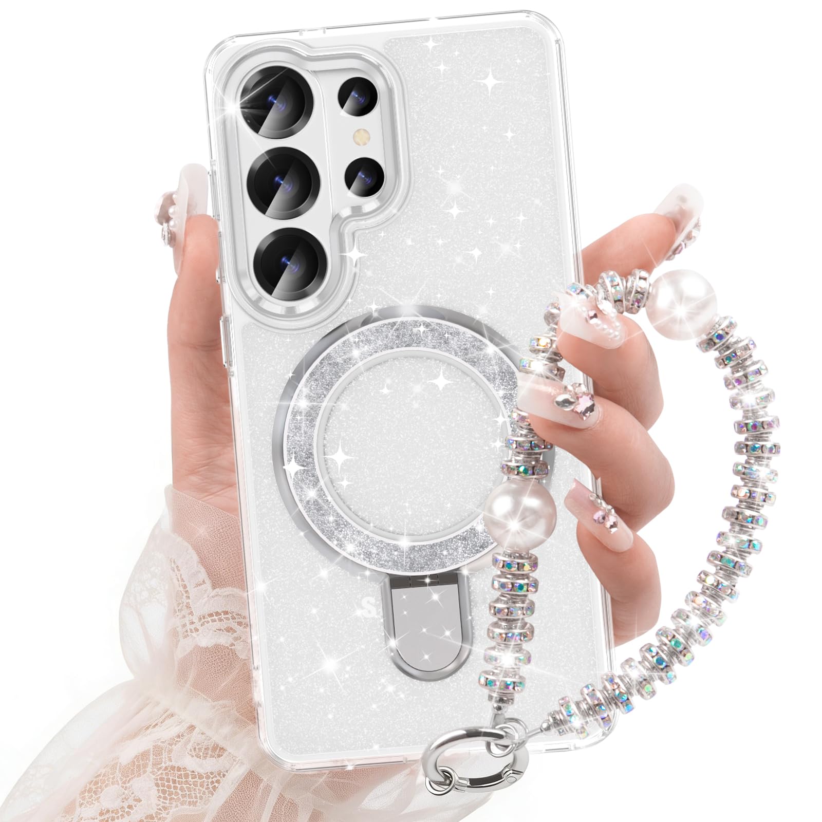 WATACHE for Samsung Galaxy S26 Ultra Case, Glitter Sparkle Bling Heavy Duty Shockproof Protective with Kickstand, Anti-Scratch Cover Case for Galaxy S26 Ultra(Clear Silver)