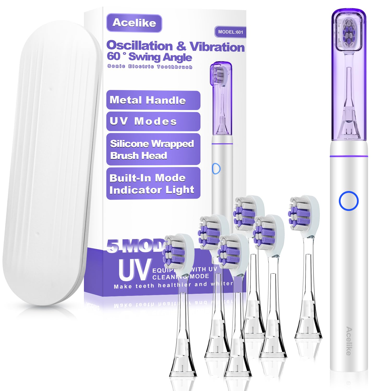 Photo 1 of Metal Electric Toothbrush with UV Mode, Vibration and Oscillation Electric Toothbrush for Adults, 6 Brush Heads & Travel Case & Dust Cover, 5 Modes & Built in Timer, One Charge Last 120 Day?Sliver?