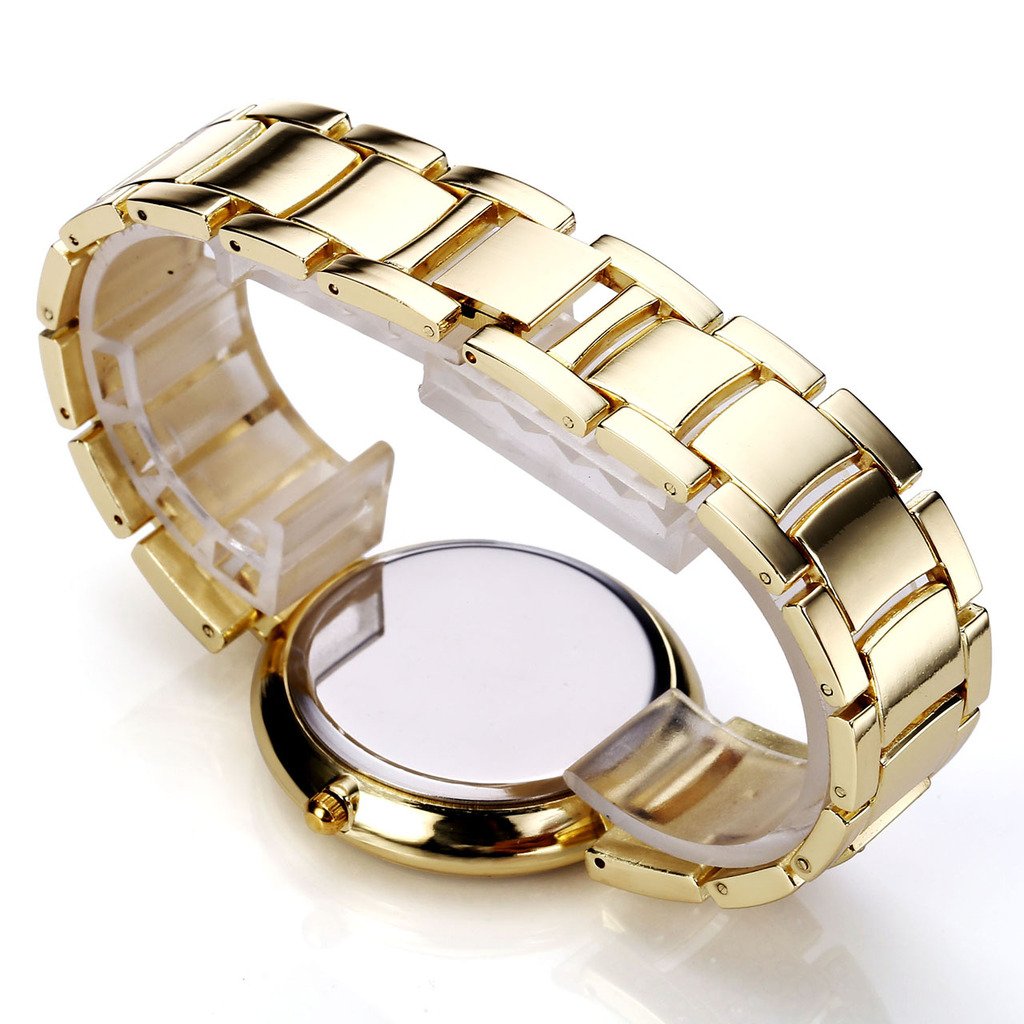 Top Plaza Women Luxury Fashion Gold Tone Bracelet Analog Watch Rhinestone Crystals Accented Metal Quartz Watch With Decorative Chronograph