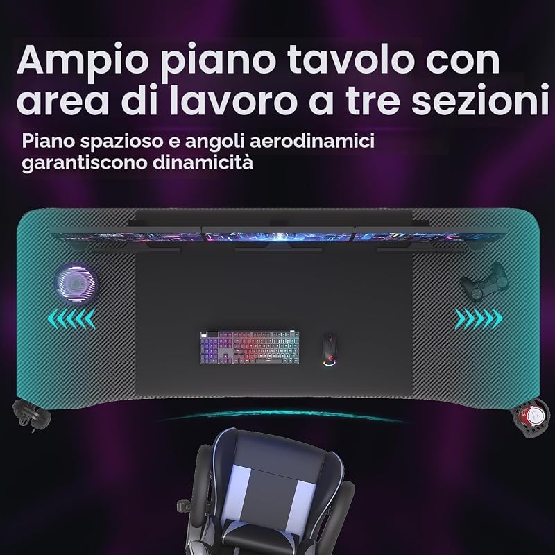 180 * 60 Scrivania Gaming, Tavolo da Gaming, Scrivania per Computer, Postazione Gamer con Piano del Tavolo in Fibra di Carbonio Adatto Sia per i Giocatori Che per l'uso in Ufficio — foto 5 di 7