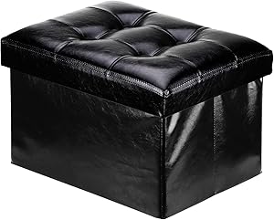 Small Leather Ottoman Foldable Foot Stool Short Ottoman Stool Linen Fabric Folding Storage Ottoman Thicker Foam Especially for Foot Rest (Black)