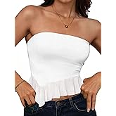 Remidoo Tube Tops for Women Sexy Sheer Mesh Strapless Top Asymmetrical Hem Ruffle Cropped Shirt
