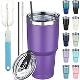 GUDEMAO 30 oz Tumbler with Lids and Straws, Stainless Steel Insulated Coffee Tumbler, Double Wall Vacuum Insulated Travel Mug Cup, Leakproof Thermal Coffee Cup for Hot and Cold Drinks (Purple)