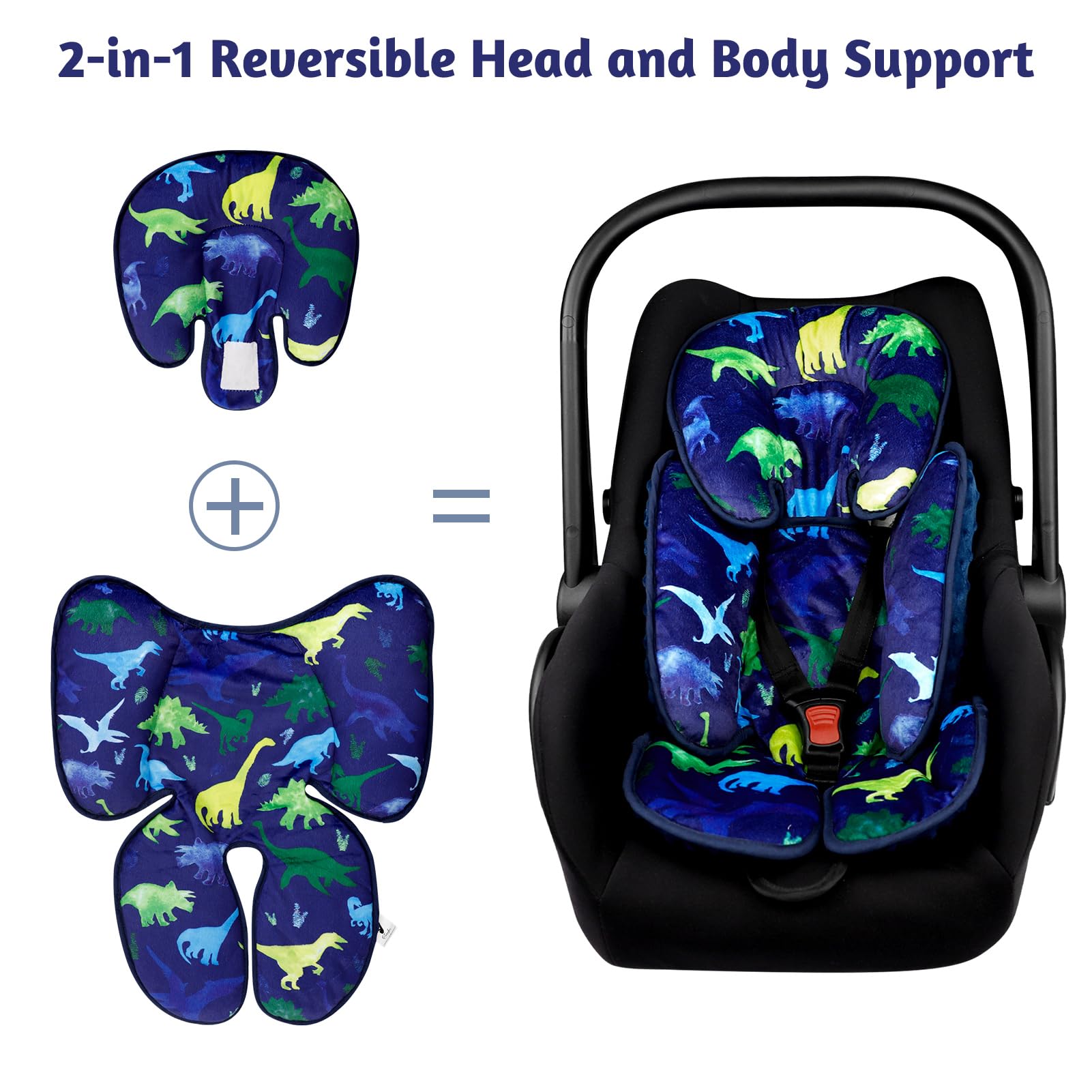 TANOFAR Car Seat Head Support Infant, Dinosaur Infant Car Seat Insert, 2-in-1 Reversible Baby Car Seat Head and Body Support, Soft Baby Car Seat Cushion for Newborn Boys