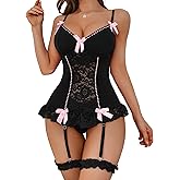Genhoo Women's Lingerie Lace Corset Lingerie Set Mesh Mini Babydoll with Garter Belt