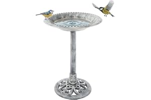 Pure Garden 50-LG1073 Antique Bird Bath-Weather Resistant Resin Birdbath with Vintage Scroll Design, 3 Ground Stakes for Gard