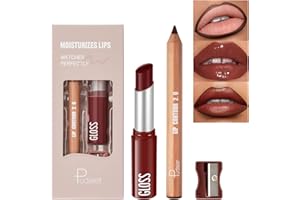 PUDAIER 2Pcs Lip Liner and Lipstick Combo, Highly Pigmented Lip Liner and Lipstick Set for women, Long Lasting Matte Lip Pencil and Hydrating Lip Balm Lip Gloss Makeup Kits with Sharpener