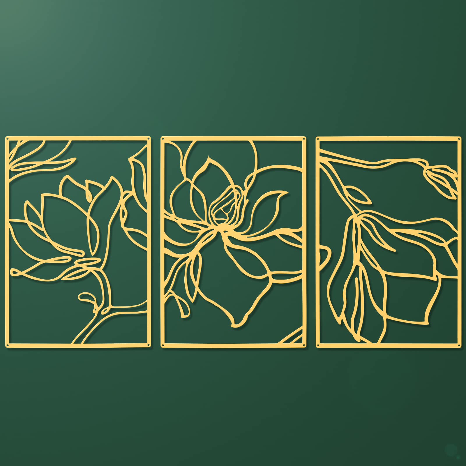 Photo 1 of 3 Panels Metal Flowers Wall Decor Modern Abstract Nature Floral Line Wall Sculpture Minimalist Decor Metal Home Hanging Wall Art for Home Bedroom Above Bed Wall Decor, 11.8 x 17 Inch (Gold)