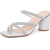 DADAWEN Women's Rhinestone Heeled Sandals Square Toe Strappy Chunky Block Heels for Women Comfortable Wedding Party Dress Pumps Shoes