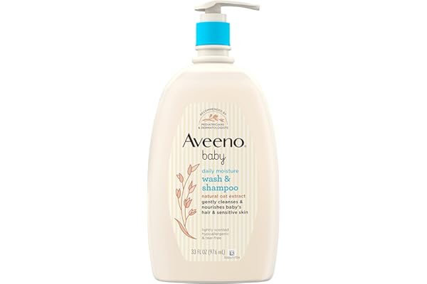 Aveeno Baby Daily Moisture Gentle Bath Wash & Shampoo with Natural Oat Extract, Hypoallergenic, Tear-Free & Paraben-Free Formula For Sensitive Hair & Skin, Lightly Scented, 33 fl. oz