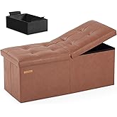 HAUSFRAU 31.5 Inches Ottoman with Storage, Folding Ottoman Bench Small Foot Rest Stool, Bedroom Bench with Flipping Lid, Faux Leather Retro Brown