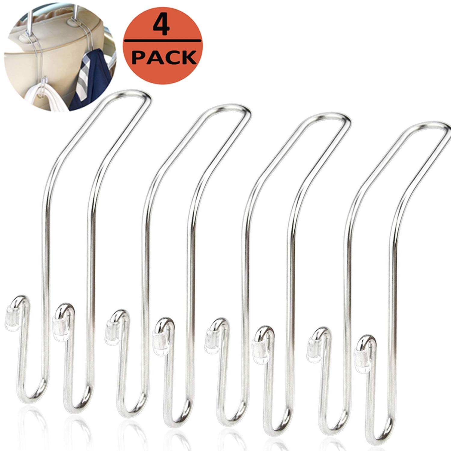EldHus 4-Pack Car Hooks, Truck Vehicle Back Seat Headrest Hanger Holder Hook for Bag Purse Cloth Coat Grocery (Metallic)