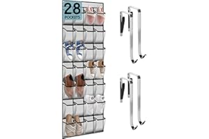 Kotkn 28 Compartment Over the Door Shoe Organizer, Breathable Mesh Large Shoe Rack for Closet Storage, Space Saving Hanging Shoe Holder with Reinforced Hooks (Fits Men & Women,White-01)