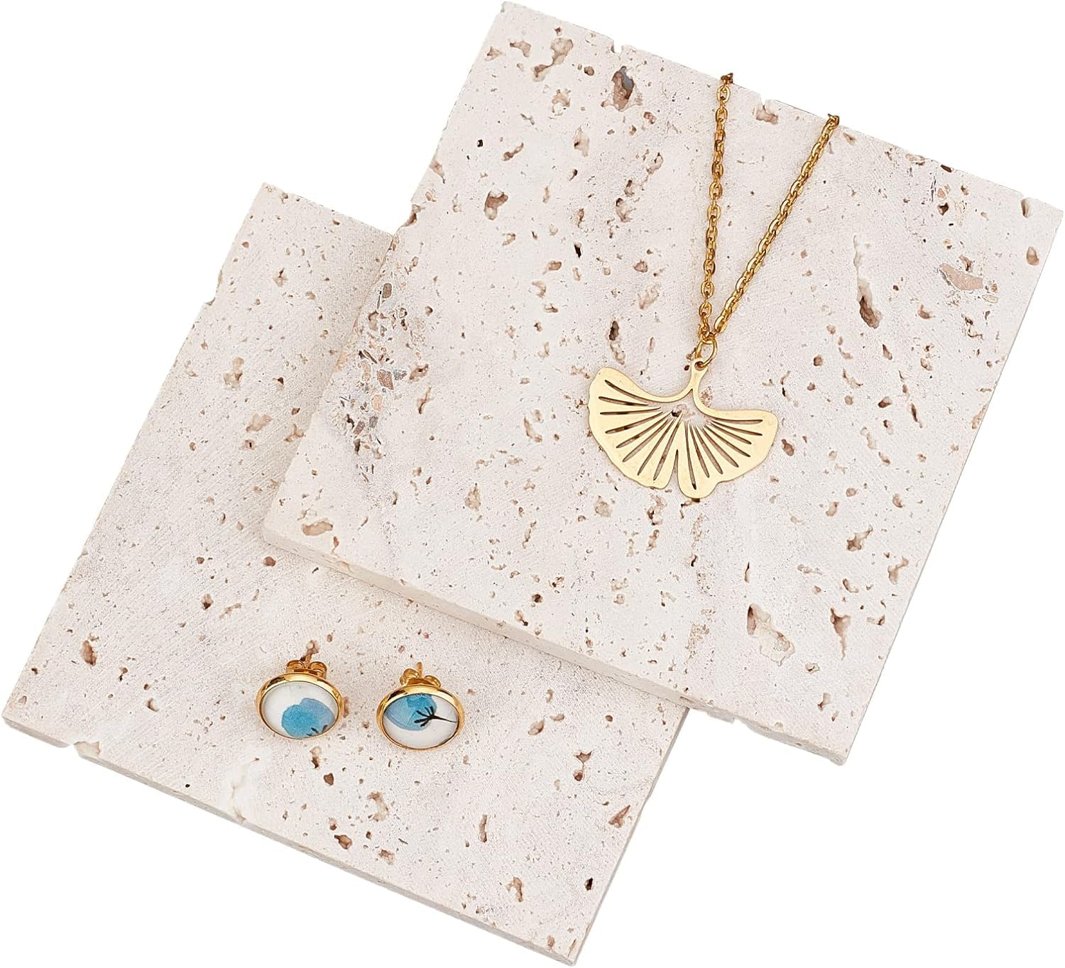 FINGERINSPIRE 2 Pcs 10cm L x 10cm W White Rock Display Base with Hole, Marble Effect Natural Stone Decorative Display Plate Pedestals, Jewellery Display Photography Prop Accessories