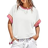 Womens Color Block Oversized Tops Trendy Casual Summer Textured Ribbed Knit T Shirts Loose Fit Short Sleeve Tshirts
