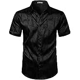 ZEROYAA Men's Shiny Luxury Silk Satin Jacquard Dress Shirt Short Sleeve Button Up Shirts for Party Prom