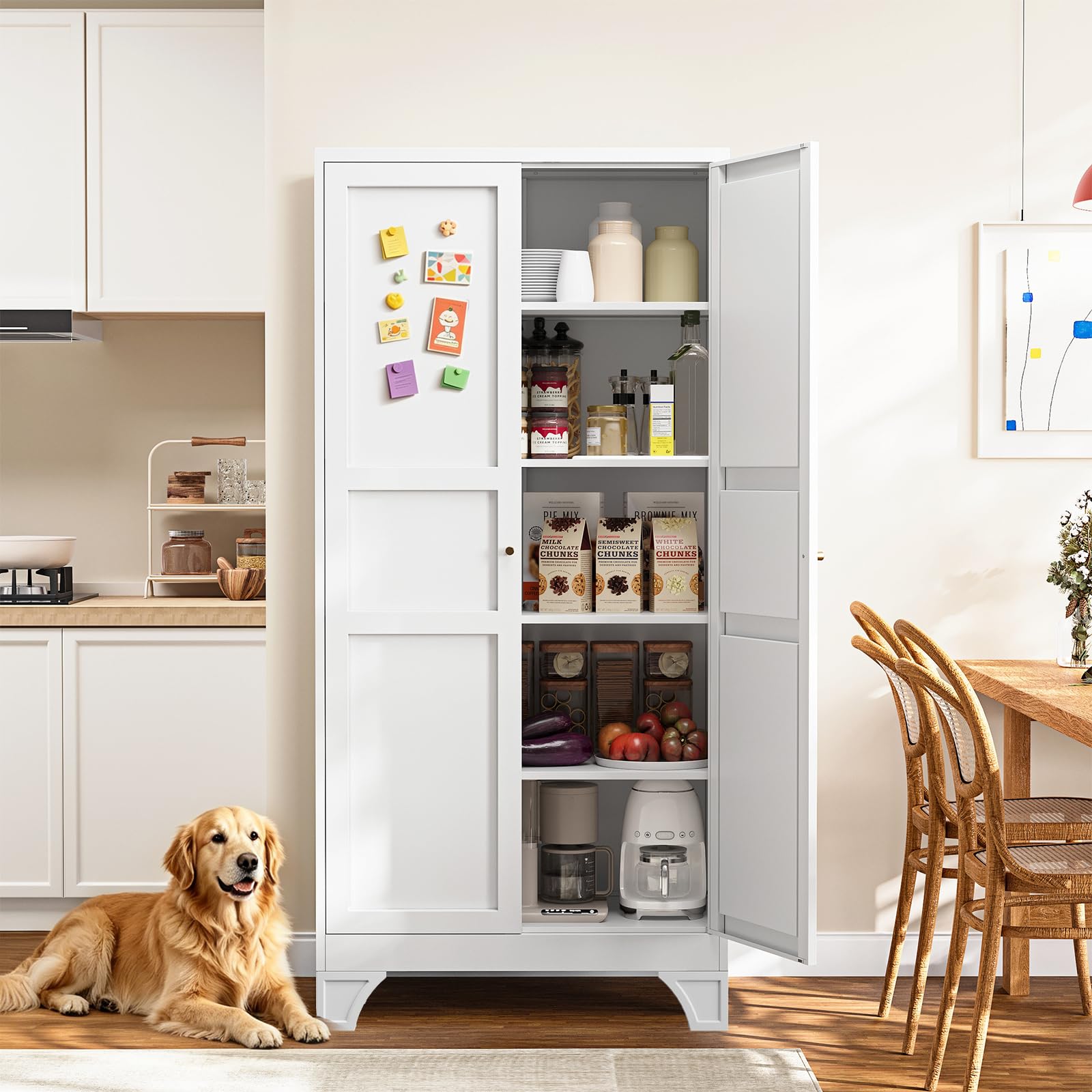 Sleek white metal pantry design