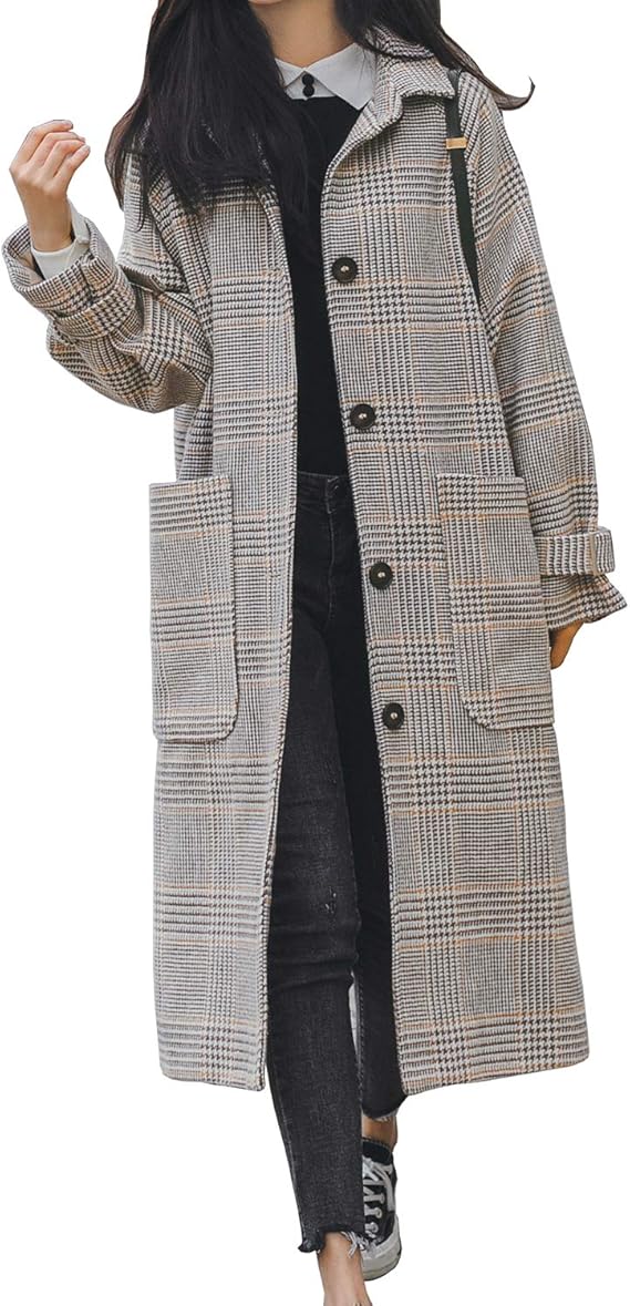 Amazon グレンチェック レディース チェスターコート テトロンシャギーチェスターコート ポケット付 フロントボタン ミモレ丈 コート ジャケット 通販