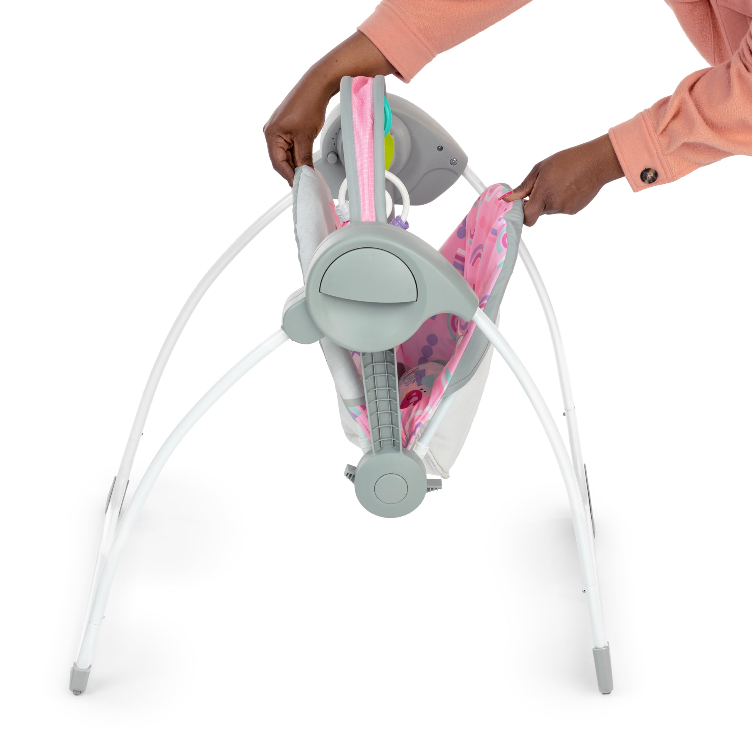 Bright Starts Pink Paradise Portable Compact Automatic Baby Swing with Music, Unisex, Newborn +