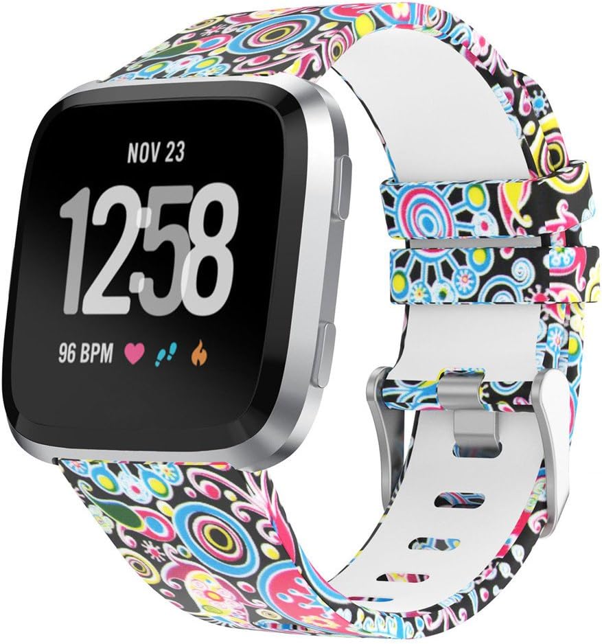 Amawell for Fitbit Versa Band,Silicone Adjustable Replacement Sport Strap Printed Bands with Classic Buckle for Fitbit Versa Fitness Smart Watch (Floral Pattern-4, Large)