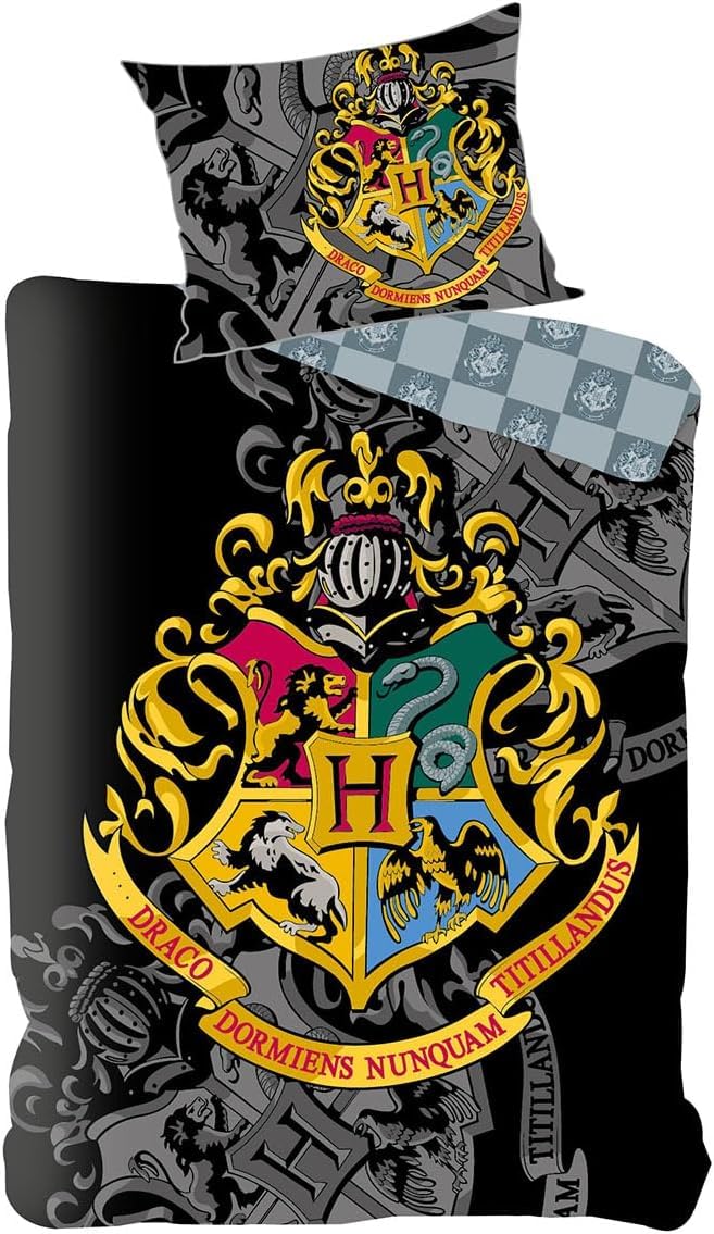 Harry Potter “Hogwarts Crest” Single Duvet Cover 140 × 200 cm & Pillowcase 70 × 90 cm – 100% Cotton, Reversible Design, for Harry Potter fans