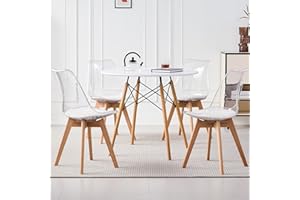 Lecafur HL 5-Piece Round Dining Table Set, Small Kitchen Table Chairs Set of 4 Space Saving Furniture, Clear Acrylic Chairs, Solid Wood Legs, for Living Room Apartment Office Home