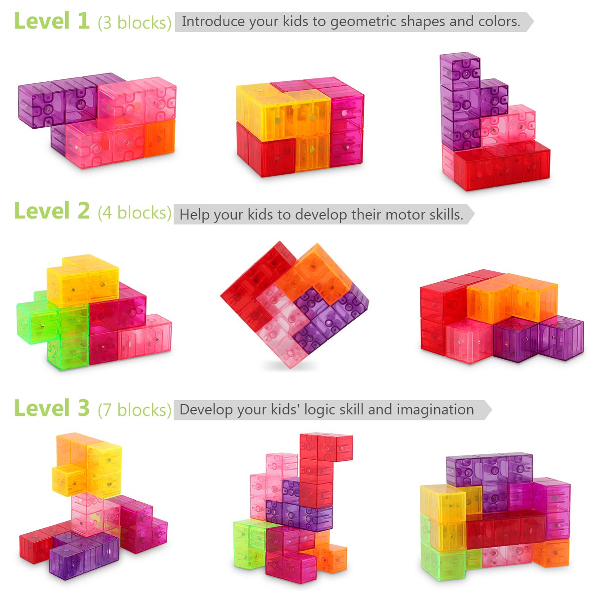 D-FantiX Magnetic Building Blocks, Magnet Cube Puzzle Toys Crystal 3D Tetris Puzzle Brainteaser Stress Relief Toy Square Magnets Building Blocks for Kids with 54pcs Puzzle Cards