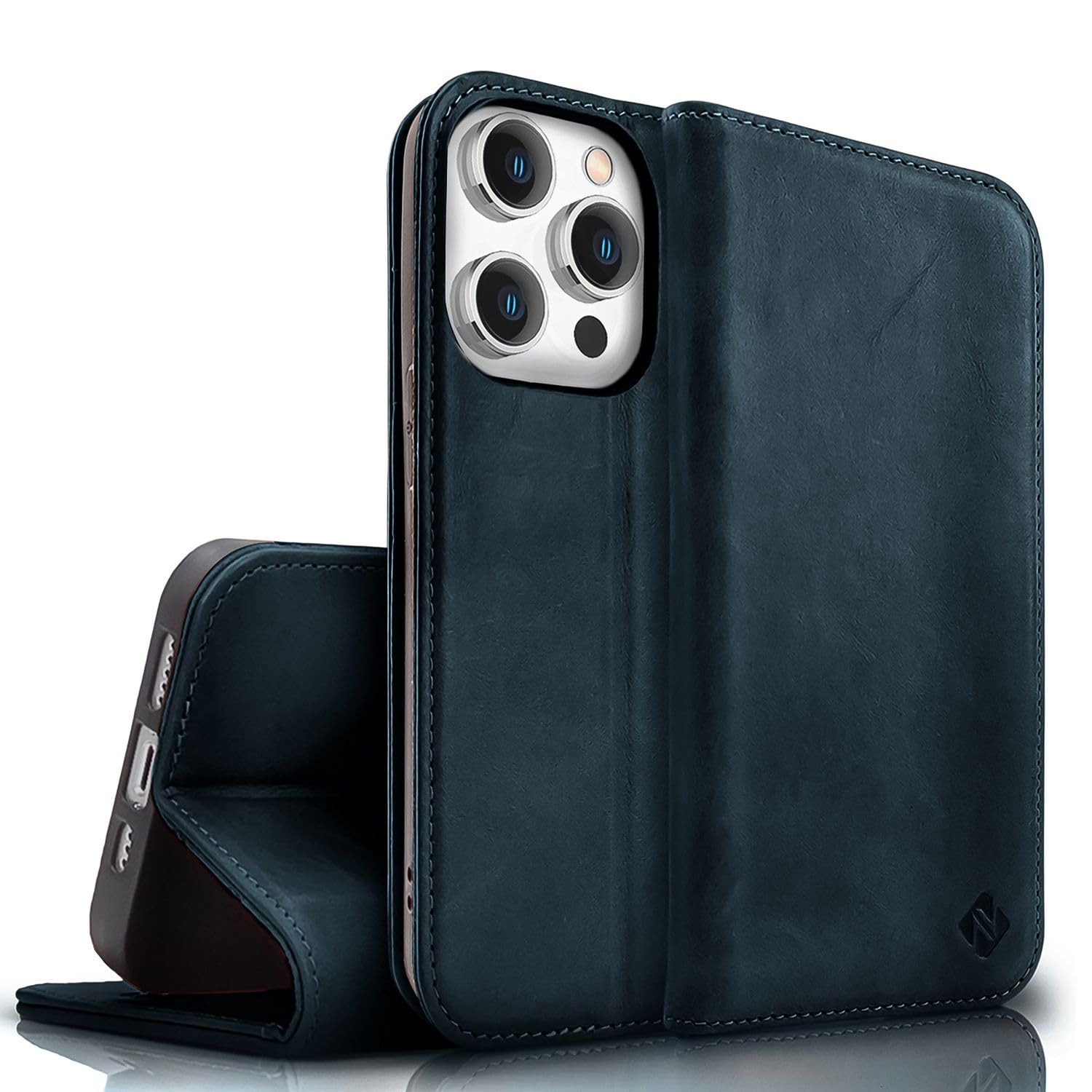 NALIA Genuine Leather Case for iPhone 15 Pro Max - RFID Wallet & Magnetic Closure - LEVANTO (Handmade Book Cover) - German Brand, Color:Dark Blue