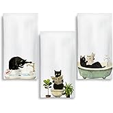 MKYFHSVGD Funny Black Cat Bathroom Hand Towels, Cats Lover Lady Mom Gifts for Women, Vintage Botanical Black Kitten Decorative Hand Towels for Bathroom Washroom Restroom Toilet, 16x24 Inch Set of 3