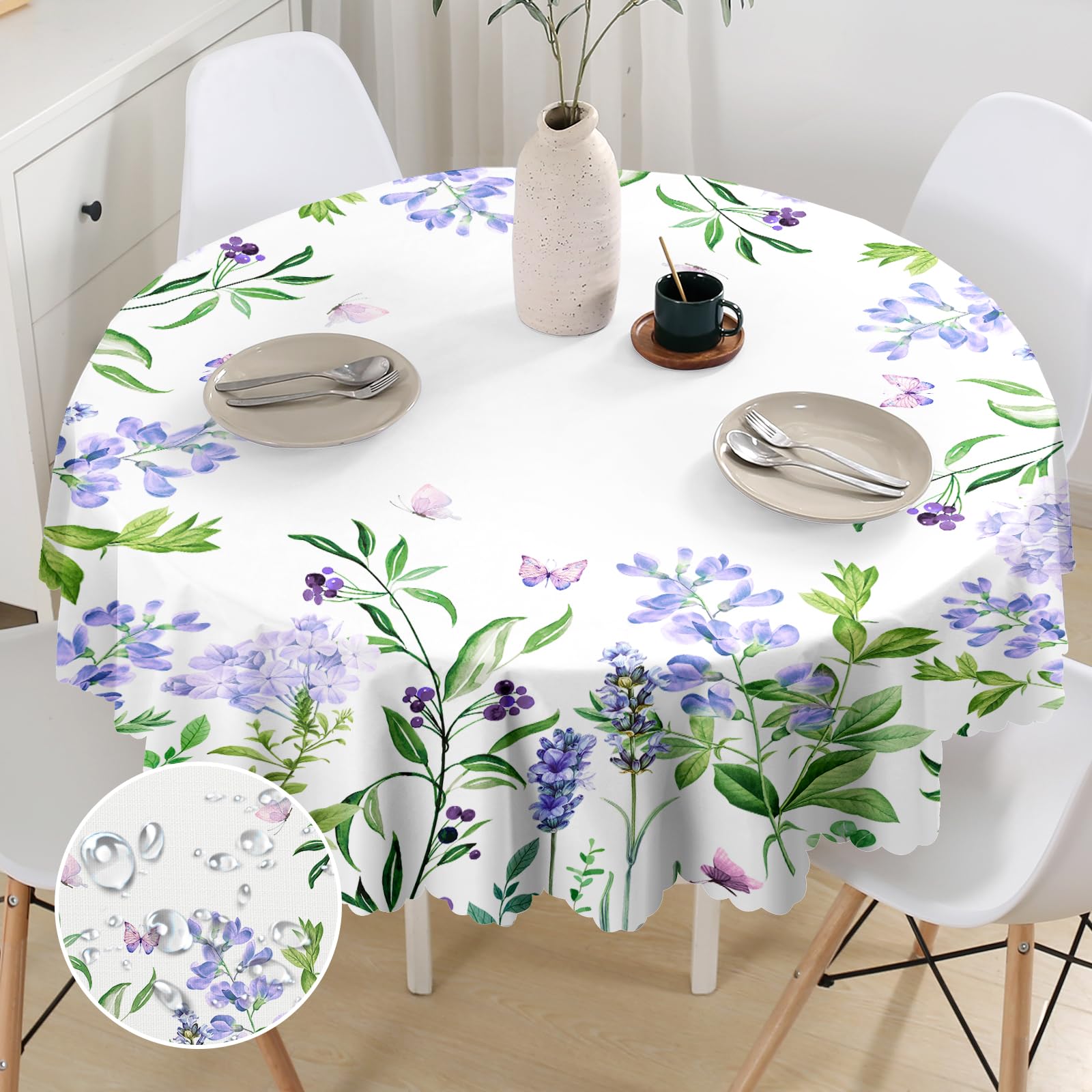 G-dake Round Tablecloth Wipeable, Purple Floral Circular Table Cloth Waterproof Wrinkle and Stain Resistant Polyester Table Cover for Kitchen Dinner Picnic Party Outdoor (150cm) — image 1