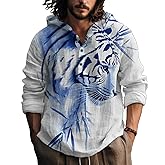 MARSVOVO Japanese Shirts For Men Japanese Art Print Long Sleeve Hooded Hoodie Novelty Graphic Button Up Yoga Pullover