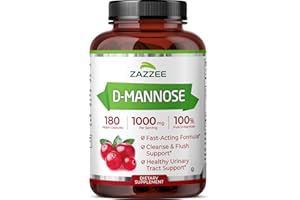 Zazzee D-Mannose, 1000 mg per Serving, 180 Vegan Capsules, 3 Month Supply, Potent & Fast-Acting, Certified Kosher, 100% Pure, All-Natural Urinary Tract Health Support, 100% Vegetarian, Non-GMO