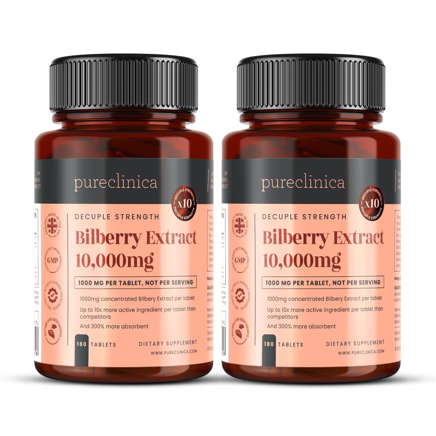 Bilberry Extract 10,000mg – High Strength 1000mg 10:1 Extract per Tablet – 2 Bottles (360 Tablets, 12 Month Supply) – 250mg Anthocyanidins & 5mg Black Pepper for 300% Better Absorption