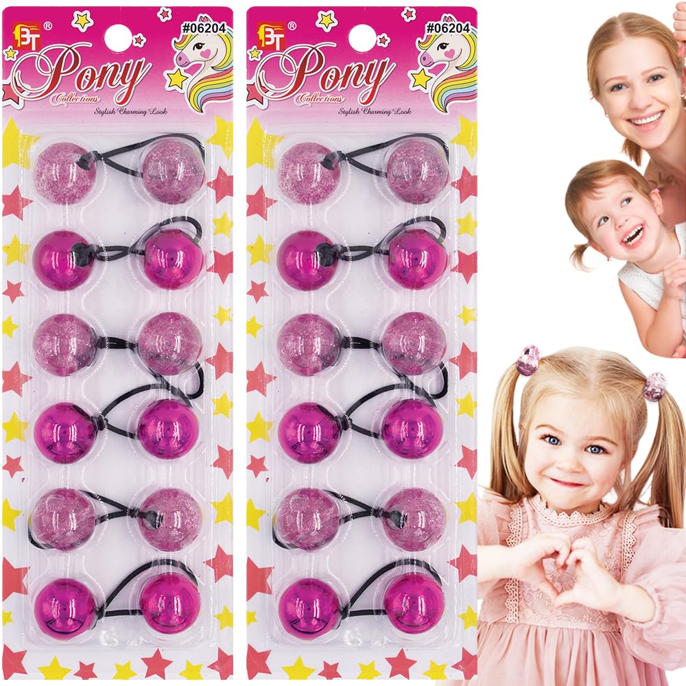 Photo 1 of 12 Pcs 25mm Hair Ties Hair Accessories for Girls Glitter Galactic Hair Ties with Balls Bubble Twinbead Ponytail Holders (Pink)