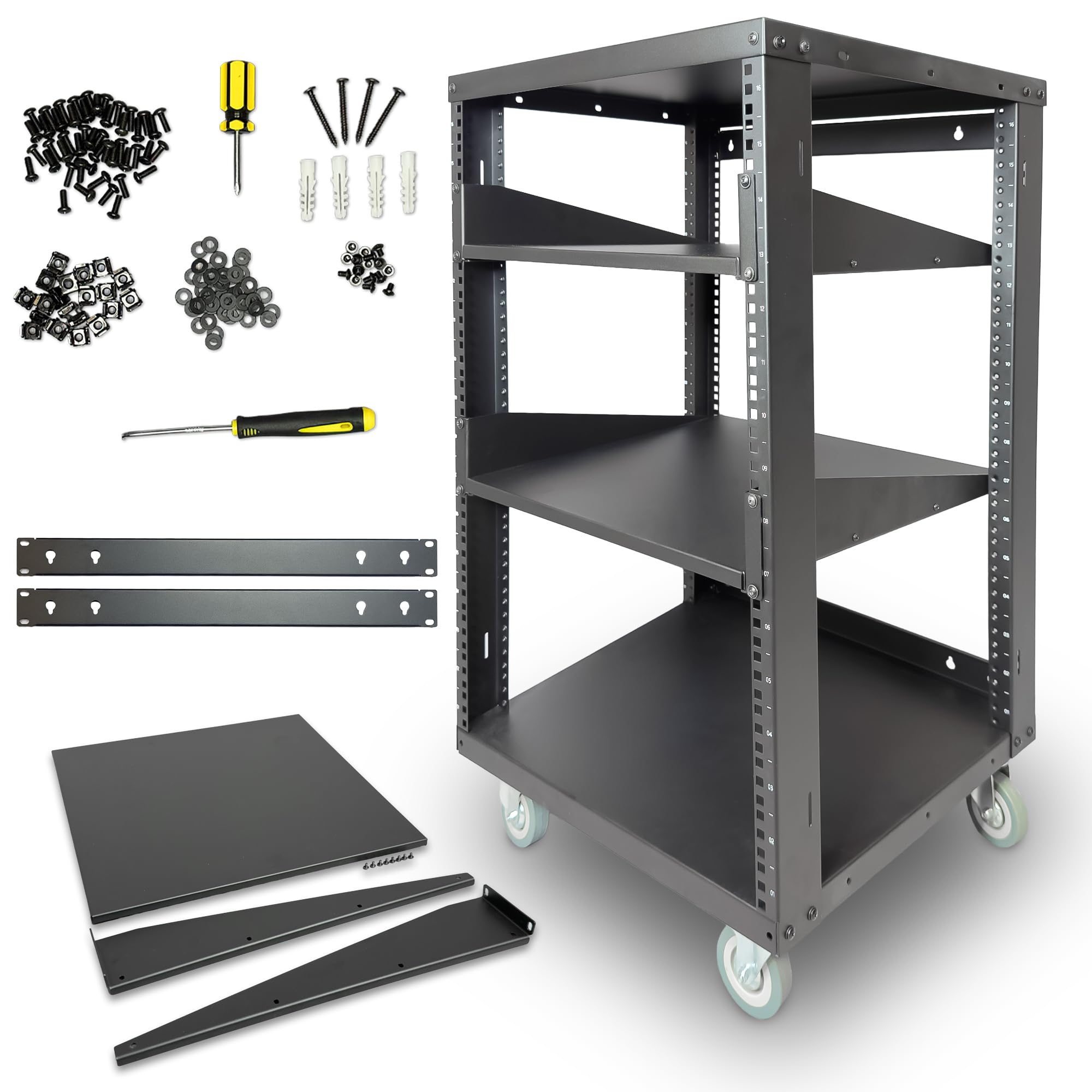 Photo 1 of AxcessAbles 16U Open Frame Network & AV Rack with Caster Wheels, Two 2U Shelves, 10-32 & Cage Nut Compatible Rails, Cage Nuts, Screws, Cage Nut Tool & Wall Mount Kit | 19-Inch Equipment Rack