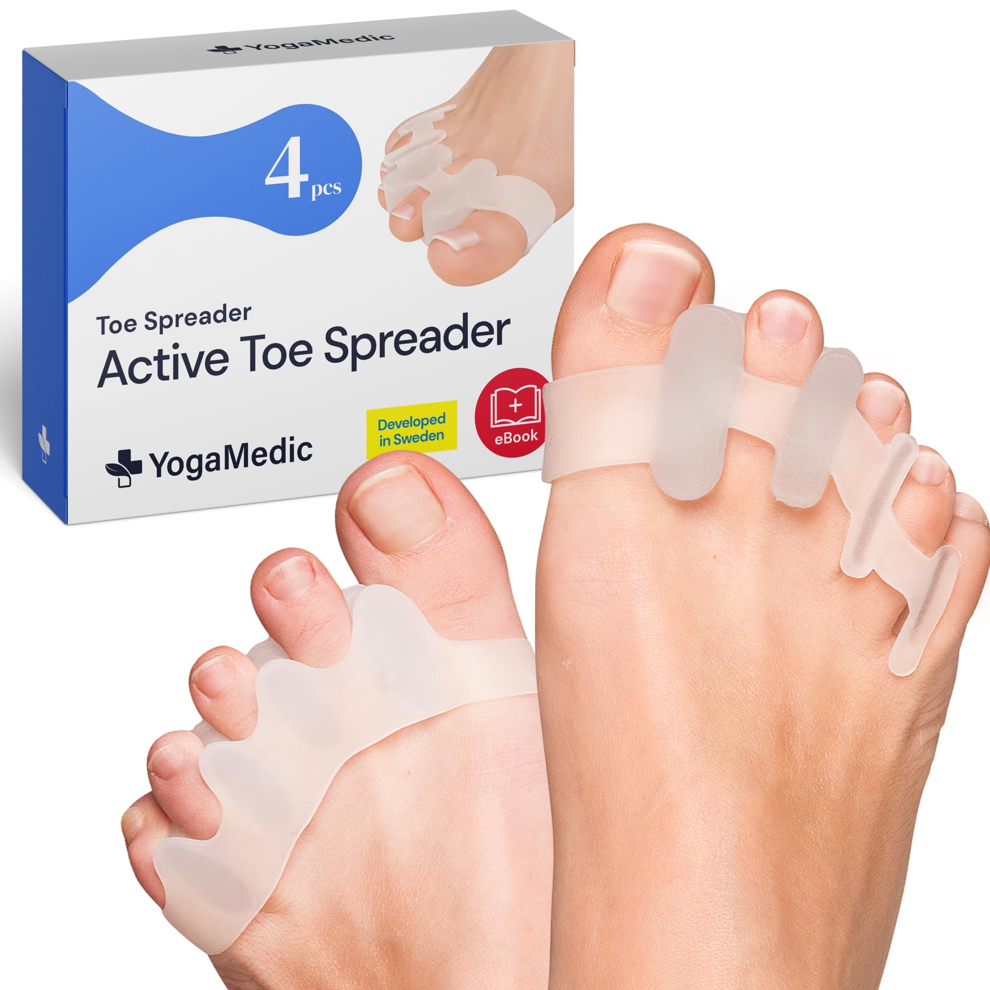YOGAMEDIC Active Toe Spreader (4 Pack) - Flexible Gel Toe Separators for Natural Alignment - Soft Foot Stretchers for Yoga & Recovery - Developed in Sweden - Clear, Durable & Easy to Clean