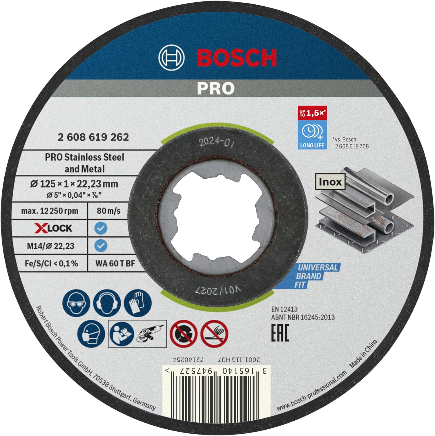 Bosch Professional 1x Standard for Inox X-LOCK Cutting Disc (for Stainless Steel, Ø 125 x 1 x 22,23 mm, Straight, Accessory Angle Grinder)