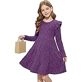 LessonZoo Toddler Girls' Ruffle Long Sleeve Dress Ribbed Knit Crew Neck Sweater Dresses Kids Fall Winter Clothes