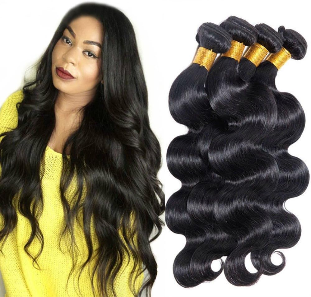 Meiler Brazilian Body Wave 4 Bundles 200g Unprocessed Remy Human Hair Weave Virgin Hair Extensions 8-30inch Mixed Length Natural Color (18 18 20 20, 1B#)