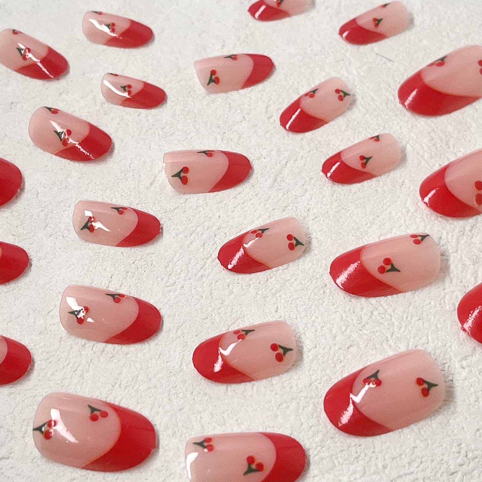 ROFIBUT Red French Tip Press on Nails Almond Short Fake Nails Cute Nude Pink Full Cover Glue on Nails with Red Cherry Glossy Artificial Stick on Nails Reusable Acrylic False Nail for Women Girls 24Pcs - Image 4