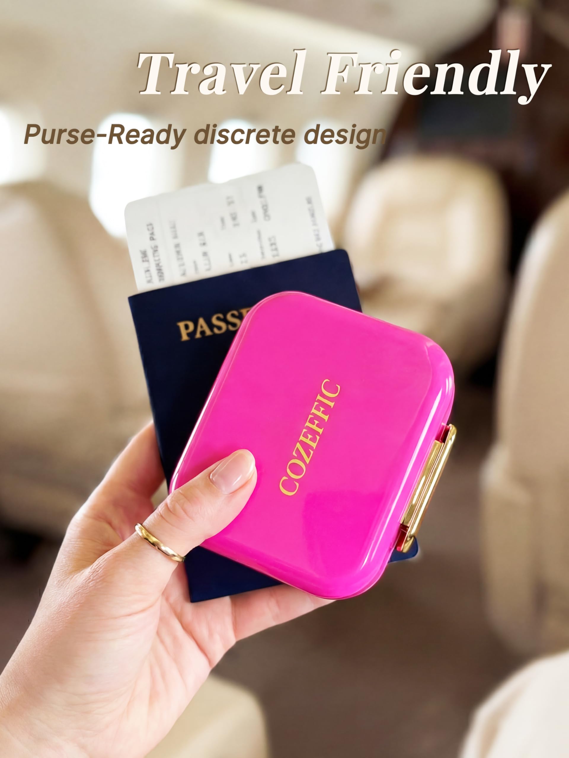 Small Pill Case Travel Pill Organizer - Moisture-Proof 7 Compartments Daily Pill Box for Purse, Pocket & Gym Bag, Secure Double Lock Medicine Vitamin Container for Supplements/Fish Oil - Hot Pink