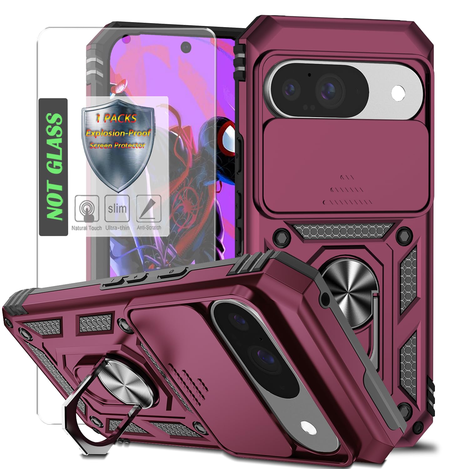 Photo 1 of AYMECL for Google Pixel 9/Pixel 9 Pro Case with Camera Lens Cover,HD Screen Protector,Military Grade Drop Protection,Magnetic Ring Holder Kickstand Protective Phone Case for Google Pixel 9,Wine Red