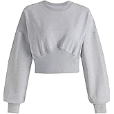MISSACTIVER Women Casual Crewneck Crop Sweatshirt Solid Long Sleeve Drop Shoulder Pullovers Ribbed Corset Hem Crop Jumper Top