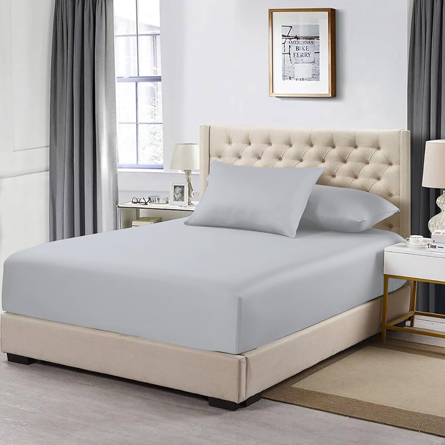 MistyMorning Extra Deep Fitted Sheet 16''/40cm, Egyptian Cotton bed sheets with 200 Thread Count, Soft & Premium quality Bedding & Linen (Silver Grey, Super King)